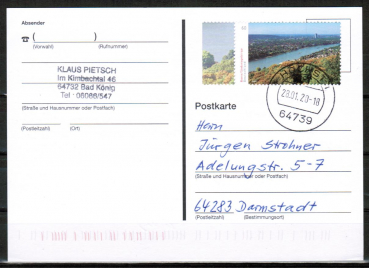 Bund 3510 als portoger. EF mit 60 Cent Bonn / Siebengebirge links wei als Nassklebe-Marke auf Inlands-Postkarte von 2020-2021, codiert