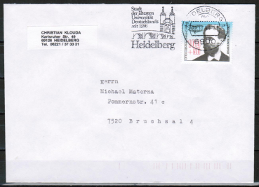 Bund 1543 als portoger. EF mit 100 Pf EZM aus Lilienthal-Block auf Inlands-Brief bis 20g von 1991-1997, ohne oder mit Codierung