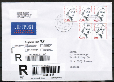 Bund 2296 als portoger. MeF mit 5x 0,55  Frauen-Serie auf Europa-Einschreibe-Brief bis 20g von 2006-2010 in die Schweiz, mit Label