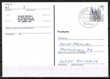 Bund 2188 als portoger. EF mit 100 Pf / 0,51  SWK u.g. aus Skl.-MH auf Inlands-Postkarte von 2001-2002, codiert