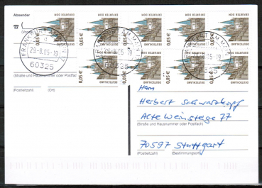Bund 2381 als portoger. MeF mit 9x 0,05  SWK aus Rolle auf Inlands-Postkarte von 2004-2019, codiert