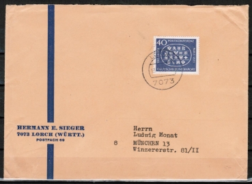 Bund 398 als portoger. EF mit 40 Pf Postkonferenz auf kleinformatigem Inlands-Brief ber 20g von 1963-1964