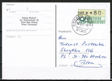 Bund ATM 1 - Marke zu 80 Pf als portoger. EF auf Auslands-Postkarte von 1989-1991 nach Polen, AnkStpl.