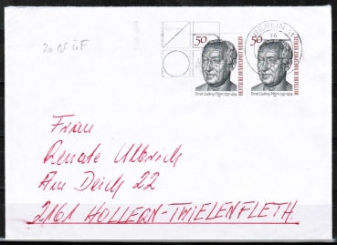 Berlin 723 als 20 Pf berfrankierte MeF mit 2x 50 Pf Ernst Ludwig Heim auf Brief bis 20g von 1987 von Berlin ins Bundesgebiet