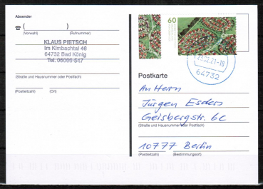 Bund 3580 als portoger. EF mit 60 Cent Siedlung in Lbeck links weiss als Nassklebe-Marke auf Inlands-Postkarte von 2021, codiert