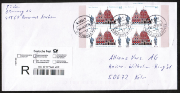 Bund 2614 als portoger. MeF mit 4x 65 Cent Riga / Lettland auf Langformat-Inlands-bergabe-Einschreibe-Brief bis 20g von 2007, codiert, 22 cm lang