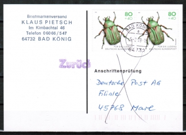 Bund 1667 als portoger. MeF mit 2x 80 Pf Jugend 1993 / Rosenkfer auf Einzel-Anschriftenprfungs-Postkarte von 1997-2002, codiert