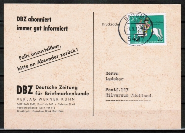 Bund 623 als portoger. EF mit 20 Pf Mnchhausen auf Auslands-Drucksache-Postkarte von 1970 in die Niederlande