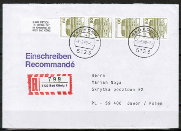 Bund 1140 als portoger. MeF mit 4x 80 Pf B+S - Serie aus Rolle im Letterset-Druck auf Auslands-Einschreibe-Brief bis 20g von 1988 nach Polen, AnkStpl.