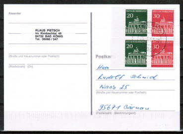 Bund 507+508 als portoger. H-Blatt-EF mit Heftblatt 20+30 Pf Brandenburger Tor aus MH / MHB auf Inlands-Postkarte von 1997-2002, codiert