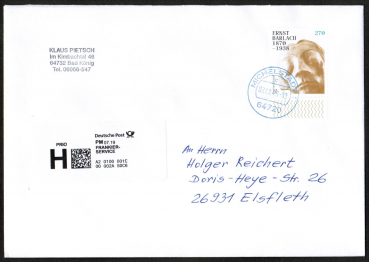 Bund 3514 als portoger. EF mit 270 Cent Ernst Barlach auf Prio-Brief 14x20 cm von 2022-heute, 20 cm lang, mit Einlieferungsschein
