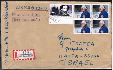 Bund 1292 als portoger. MiF mit 4x 80 Pf Friedrich der Grosse auf Auslands-Einschreibe-Brief 20-50g von 1986 nach Israel