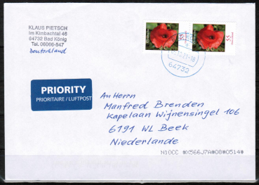 Bund 2472 als portoger. MeF mit 2x 55 Cent Blumen / Klatschmohn aus Rolle auf Auslands-Brief bis 20g von 2019-2024 in die Niederlande, codiert