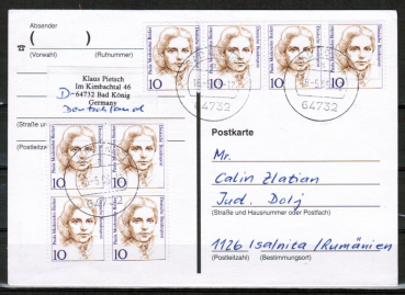 Bund 1359 als portoger. MeF mit 8x 10 Pf Frauen auf CEPT-Postkarte von 1993-1997 nach Rumnien