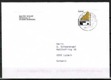 Bund 2298 portogerechte (!) EF mit 0,44 SWK aus Bogen mit Seitenrand auf B-Brief vom ZAG Bsingen in die Schweiz von 2003, codiert