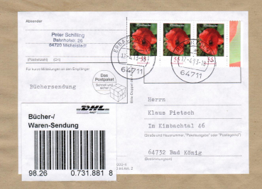 Bund 2472 als portoger. MeF mit 3x 55 Cent Blumen / Klatschmohn aus Bogen mit Rand auf Bchersendungs-Adresse (500-1000g) von 2013