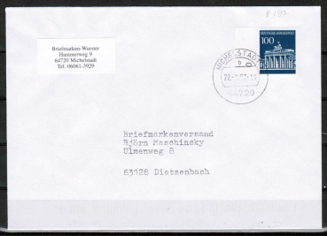 Bund 510 als portoger. EF mit 100 Pf Brandenburger Tor aus Bogen mit Seitenrand auf Inlands-Brief bis 20g von 1989-1997, codiert
