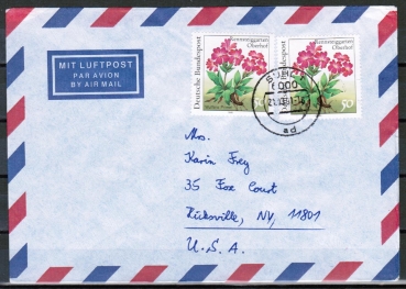 Bund 1506 als portoger. MeF mit 2x 50 Pf Rennsteiggarten auf VGO-Luftpost-Brief bis 10g vom Mrz 1991 in die USA, Code