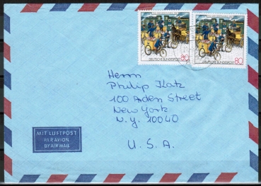 Bund 1337 als portoger. MeF mit 2x 80 Pf Tag der Briefmarke auf Luftpost-Brief 5-10g von 1988 in die USA/Code, ffnungs-Mngel !