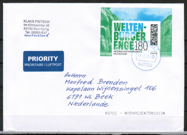 Bund 3915 als portoger. EF mit 180 Cent Weltenburger Enge EZM aus Block auf Auslands-Brief 20-50g von 2025-2026 in die Niederlande, codiert