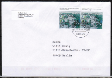 Bund 1997 als portoger. MeF mit 2x 110 Pf EZM aus Schsische Schweiz-Block auf Inlands-Kompakt-Brief 20-50g von 1998/1999, codiert