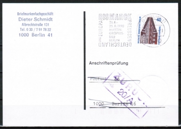 Berlin 816 als portoger. EF mit 40 Pf SWK aus Rolle auf Orts-Anschriftenprfungs-Postkarte von 1988-1991, rs. Stpl. vom Prf-PA