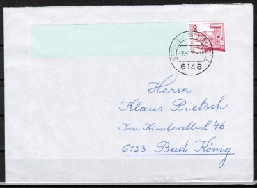 Bund 916 als portoger. EF mit roter 50 Pf B+S - Marke als Rollenendstreifen auf Inlands-Brief bis 20g von 1977-1978