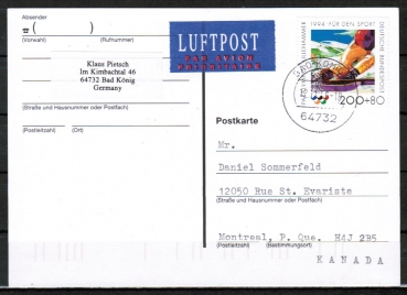Bund 1720 als portoger. EF mit 200 Pf Sport 1994 auf bersee-Luftpost-Postkarte von 1996 nach Kanada, codiert