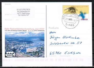Bund 2089 als Sonder-Ganzsachen-Postkarte PSo 67 mit eingedruckter Marke 100 Pf EXPO 2000 - 2000-2002 als Inlands-Postkarte gelaufen, codiert