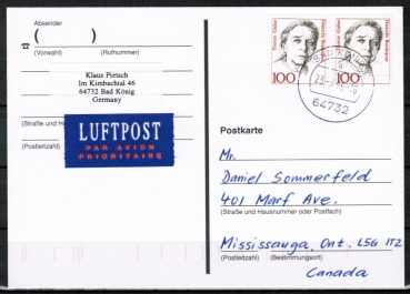 Bund 1390 als portoger. MeF mit 2x 100 Pf Th. Giehse auf bersee-Luftpost-Postkarte von 1993-2002 nach Kanada, vs. codiert