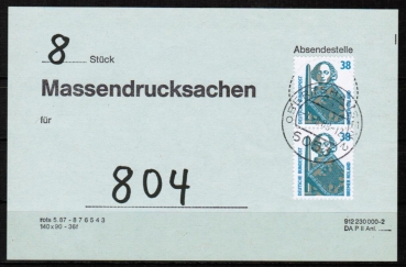 Bund 1400 als portoger. MeF mit 2x 38 Pf SWK aus Rolle auf Auffrankierungs-Zettel fr Massendrucksachen von 1989-1993