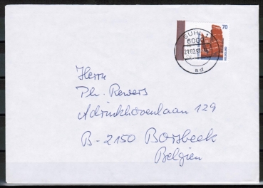 Bund 1469 als portoger. EF mit 70 Pf SWK Helgoland aus Bogen auf VGO-Ausl.-Brief bis 20g vom Mrz 1991 nach Belgien