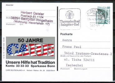 Bund 1342 als Bild-Postkarte wohl P 154 II mit eingedruckter Marke 80 Pf SWK - portoger. nach Tschechien gelaufen