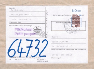 Bund 1746 als portoger. EF mit 550 Pf SWK aus Bogen mit Oberrand auf Inlands-Pckchen-Adresse von 1994-1995