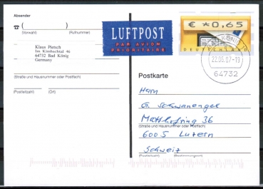 Bund ATM 5.2 - langer Werteindruck - Marke zu 0,65 � als portoger. EF auf Europa-Postkarte von 2006-2008 in die Schweiz, codiert