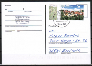 Bund 3454 als portoger. EF mit 45 Cent Rothenburg / links wei auf Inlands-Postkarte vom April-Juni 2019 - im Ankauf gesucht !