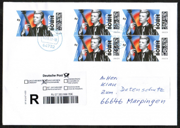 Bund 3661 als portoger. MeF mit 5x 85 Cent David Bowie auf Inlands-bergabe-Einschreibe-Brief 14x20 cm von 2022-heute, mit Einl.-Schein