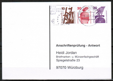 Bund 695+698+696 u.g. als portoger. Zdr.-EF mit Zdr. 10+30+20 Pf Unfall unten geschnitten aus MH auf Sammel-Anschriftenprfungs-Postkarte von 1993-2002