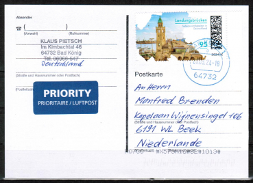 Bund 3818 als portoger. EF mit 95 Cent Landungsbrcken auf Auslands-Postkarte von 2024 in die Niederlande, codiert