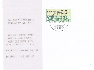 Automaten-Quittung von 8990 Lindau mit falscher Postleitzahl 8890 auf der Quittung, mit C6-Blatt mit ATM und richtiger PLZ im Stempel von 1987
