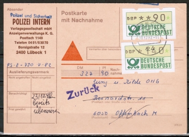 Bund ATM 1 - Marken zu 140 und 90 Pf als portoger. MiF auf Nachnahme-Postkarte vom Dezember 1982