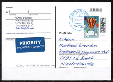 Bund 3705 als portoger. EF mit 95 Cent Briefe-Dauerserie aus Rolle mit Strichcode-Feld auf Auslands-Postkarte von 2022-heute in die Niederlande, codiert