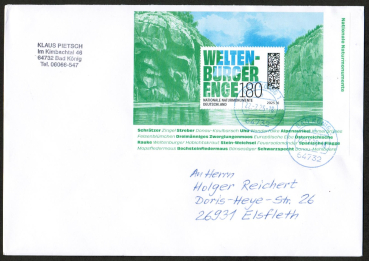 Bund 3915 als portoger. EF mit 180 Cent Weltenburger Enge als kompletter Block auf Inlands-Brief 14x20 cm von 2025-2026, 20 cm lang, zus�tzl. �bergeh. Stpl.