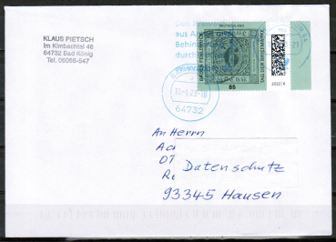 Bund 3719 als portoger. EF mit 85 Cent Tag der Briefmarke / Baden-Fehldruck auf Inlands-Brief bis 20g von 2023, codiert, zustzl. Maschinenstempel