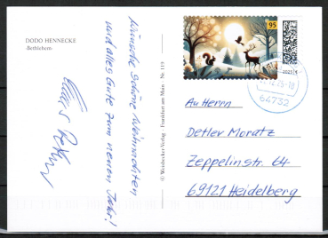 Bund 3935 Skl. (Mi. 3937) als portoger. EF mit 95 Cent Wintermotiv 2025 als Skl.-Marke auf Inlands-Postkarte von 2025-2026, codiert