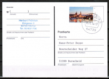 Bund 3074 als portoger. EF mit 45 Cent Dresden-Panorama / rechts weiss als Skl.-Marke auf Inlands-Postkarte von 2014-2019, codiert