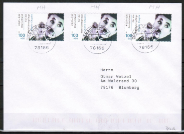 Bund 2218 als portoger. MeF mit 3x 100 Pf Wohlfahrt 2001 / Charlie Chaplin aus MH auf 