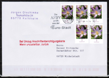Bund 2480 als portoger. MeF mit 5x 5 Ct Blumen-Serie / Krokus o.g. aus Zdr.-Blatt auf Inlands-Infopost bis 20g von 2007-2014, codiert