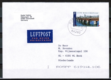 Bund 2691 als portoger. EF mit 70 Cent Rheinbrcke auf Europa-Brief bis 20g von 2008-2010 in die Niederlande, codiert