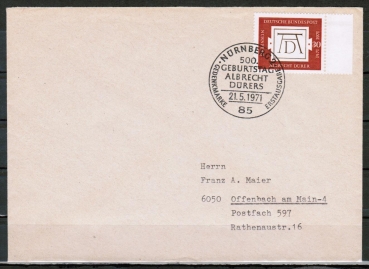 Bund 677 als portoger. EF mit 30 Pf Albrecht Drer auf Inlands-Brief bis 20g mit ESST von 1971